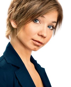 Portrait of young businesswoman on white background