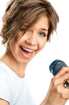 Girl Singing on white background 