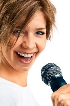 Girl Singing on white background 