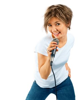 Girl Singing on white background 