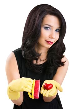 Female with red heart, isolated on white background