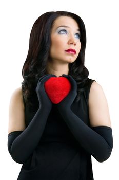 Female with red heart, isolated on white background