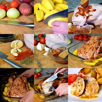 preparation of baked chicken with potatoes, collage of 6