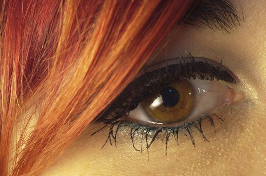 Portrait of a red hair girl, eye with mascara make-up.