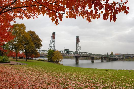 Fall Colors at Portland Oregon Downtown Waterfront by Hawthorne Bridge
