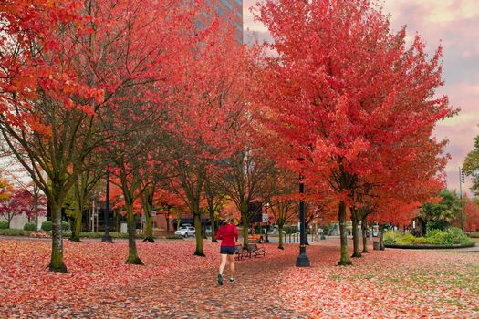 Female Jogger in Portland Oregon Downtown Waterfront Park in the Fall