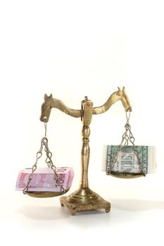 Scale made of brass with dollar bills and Euro banknotes