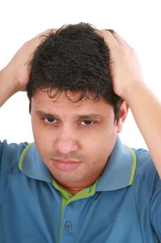 Portrait of young sad man worrying or having pain