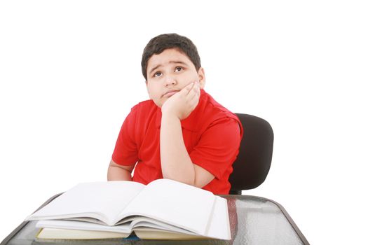 Portrait of a stressed young student with a of books to read.