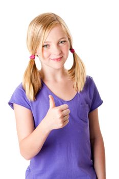 Beautiful cute happy smiling teenager girl with thumb up and pigtails feeling great, isolated.