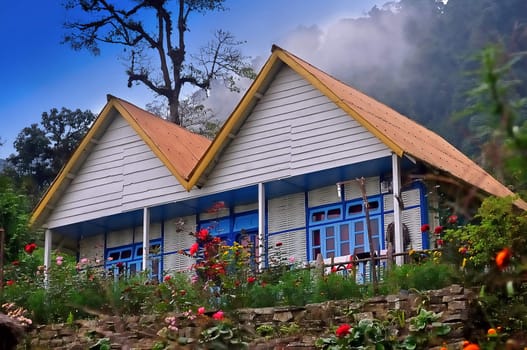 Cottage and garden,stone base,glass window,bamboo wall,thin cloud