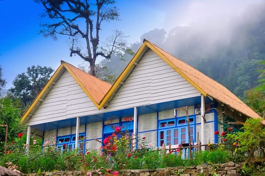 Cottage and garden,stone base,glass window,bamboo wall,thin cloud