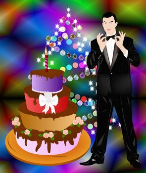 The New Year's romantic celebratory man in a classical tuxedo with an appetizing pie