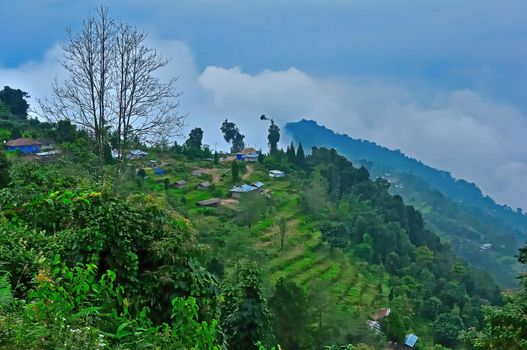 The green valley, village road and cottages blue sky mountains and step farming