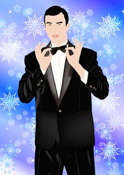 The New Year's romantic celebratory man over snow background