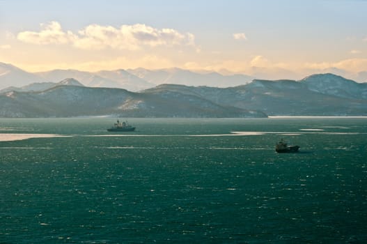 Beautiful bay with the ships near coast