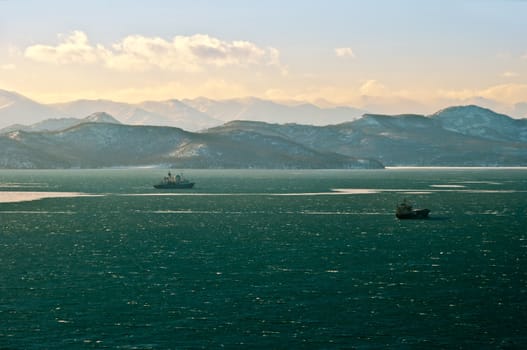 Beautiful bay with the ships near coast