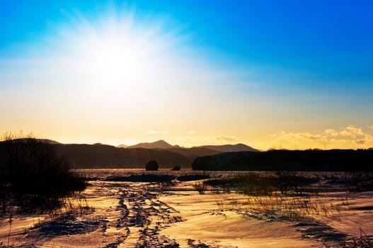 snow winter landscape on Kamchatka in Russia