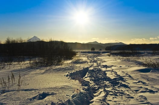 snow winter landscape on Kamchatka in Russia