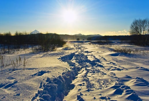 snow winter landscape on Kamchatka in Russia