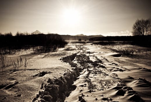 snow winter landscape on Kamchatka in Russia