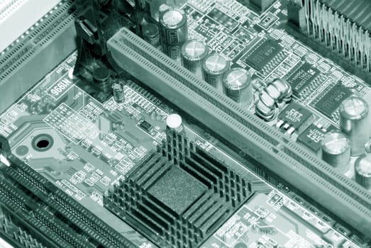 Motherboard, processor and other electronic computer components close up