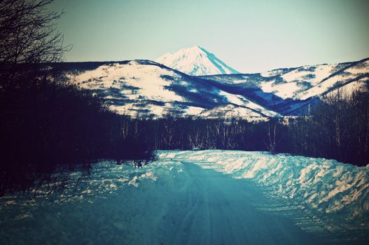 snow road to winter wood on kamchatka