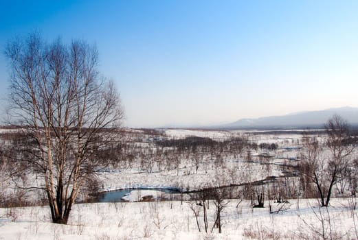 snow winter landscape on Kamchatka in Russia