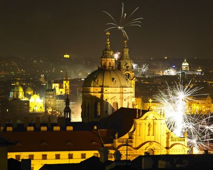 St. Nicholas church at night, New Year''s Eve in Prague, Czech Republic