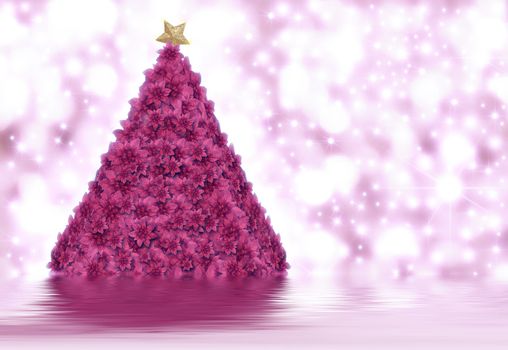 Christmas tree made of poinsettias in bright background stars