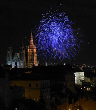 New Year''s fireworks, Hradcany, Prague, Czech Republic