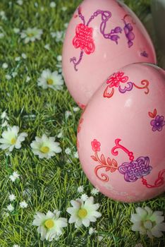 Easter pink Eggs on the green lawn