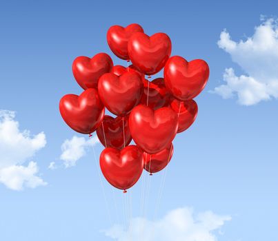 red heart shaped balloons floating in the sky. valentine's day symbol