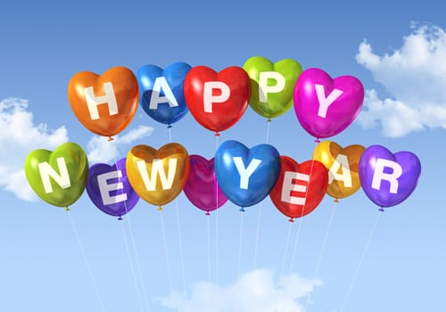 colored Happy new year heart shaped balloons floating in a blue sky