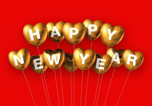 gold Happy new year heart shaped balloons isolated on red
