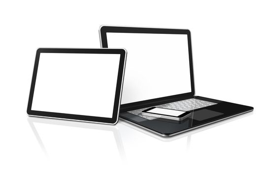 3D laptop, mobile phone and digital tablet pc computer - isolated on white with clipping path