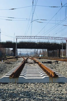 Railway junction. Perspective of crossing rails