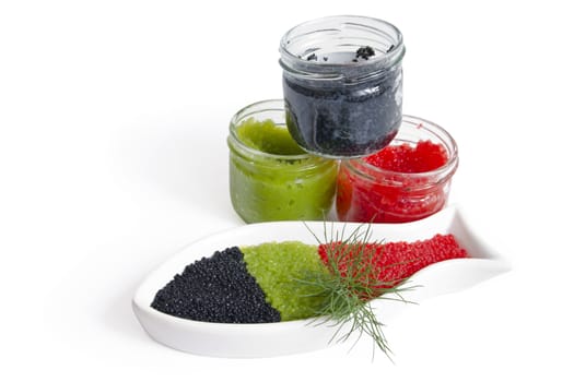 caviar in a bowl-shaped over on withe background