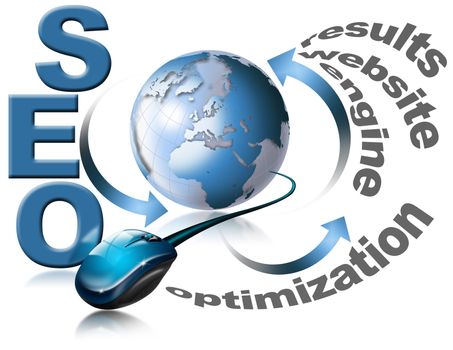 Illustration with globe, mouse and written SEO - Search Engine Optimization Web