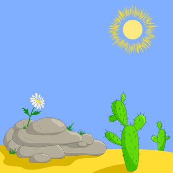 Lonely flower on stones in desert and cactuses