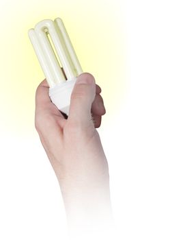 Glowing Energy Saving Bulb in Hand on White Background