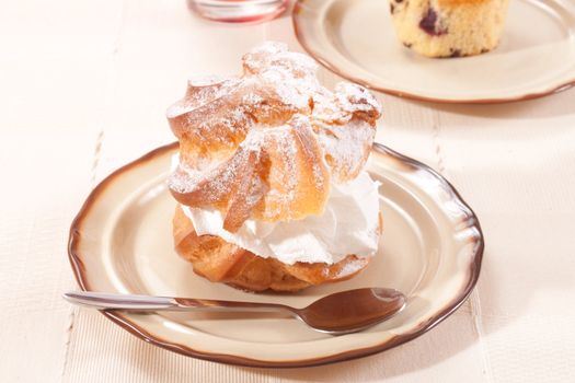 Cream puffs pastry with powdered sugar 