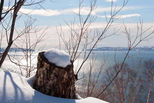 Snow covered stub against a beautiful bay