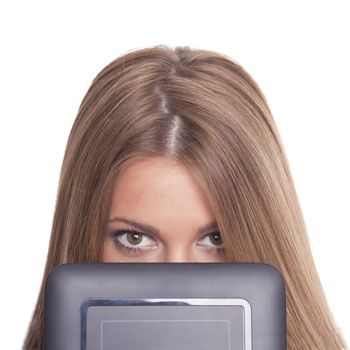 Beautiful Woman Hiding Face With Tablet Computer