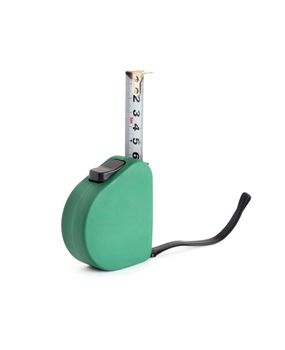 Green tape measure on white background. Isolated with clipping path