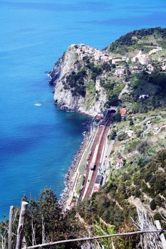 Cinqueterre, sea landscape panromaic view over the vineyard.