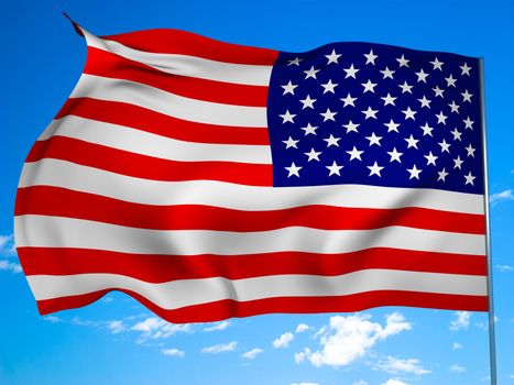 Official state flag of the United States against the blue sky