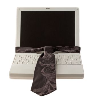 Portable white pc with black tie over white