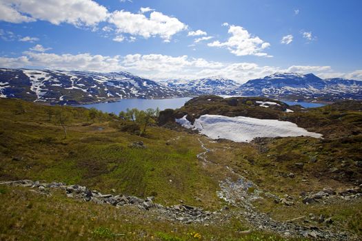 Snowcapped mountains reflecting in the water at Haukeli, Norway