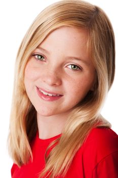 Beautiful face of a happy smiling teenager child girl with green eyes and blond hair, isolated.